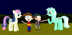 Size: 2504x1236 | Tagged: artist:04startycornonline88, bon bon, coop burtonburger, derpibooru import, dipper pines, fist bump, good friend, gravity falls, hoofbump, human, kid vs kat, looking at each other, lyra heartstrings, night, safe, sweetie drops