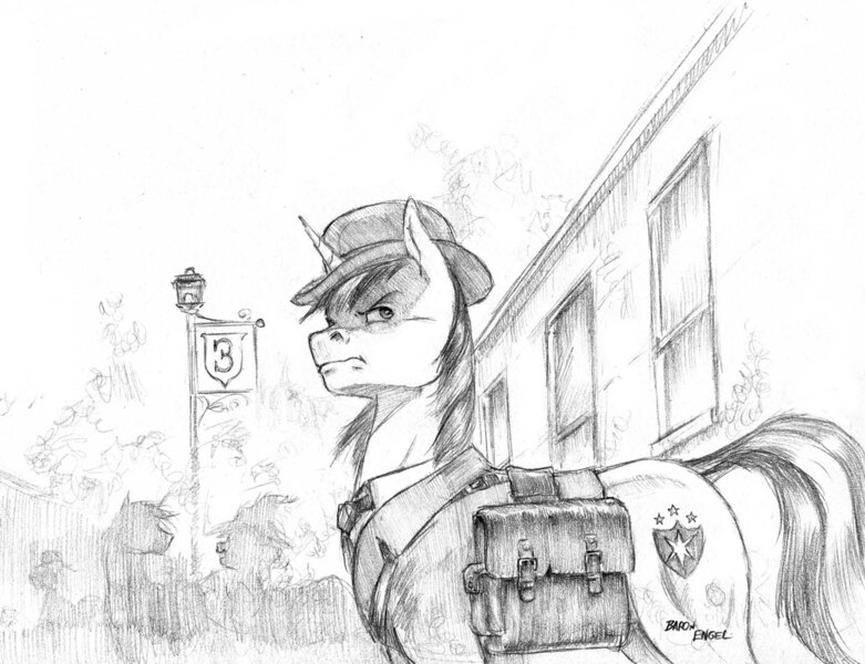 Size: 1400x1076 | Tagged: artist:baron engel, bowler hat, clothes, derpibooru import, fog, hat, lamppost, monochrome, noir, pencil drawing, saddle bag, safe, shining armor, sign, silhouette, story in the source, suit, traditional art, train station