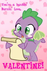 Size: 1654x2480 | Tagged: safe, artist:chiptunebrony, artist:trotsworth, derpibooru import, spike, dragon, barb, barbabetes, blushing, cute, elvis presley, heart, hearts and hooves day cards, letter, quote, reference, rule 63, rule63betes, scroll, solo, spikabetes, text, valentine's day, valentine's day card