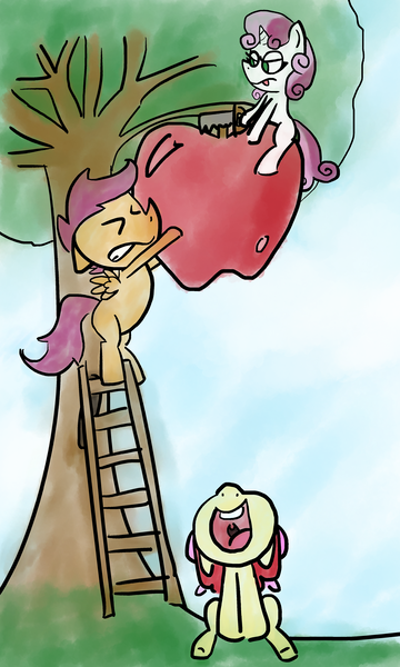 Size: 3000x5000 | Tagged: safe, artist:chumguzzle, artist:overunity, derpibooru import, apple bloom, scootaloo, sweetie belle, earth pony, pegasus, pony, unicorn, absurd resolution, apple, bad idea, carrying, cutie mark crusaders, food, giant apple, imminent darwin award, ladder, open mouth, this will end in death, this will end in tears and/or death and/or covered in tree sap, this will not end well, too dumb to live, tree, trio