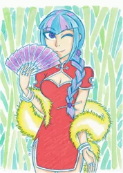 Size: 2464x3468 | Tagged: safe, artist:dragonemperror2810, derpibooru import, sonata dusk, equestria girls, rainbow rocks, alternate hairstyle, bracelet, cheongsam, clothes, fan, human coloration, jewelry, looking at you, minidress, one eye closed, solo, traditional art, wink