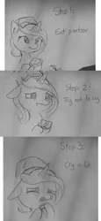 Size: 1280x2778 | Tagged: safe, artist:tjpones, derpibooru import, princess cadance, alicorn, pony, unicorn, comic, crying, eating, food, grayscale, hoof hold, lineart, meme, monochrome, peetzer, pizza, princess sadance, sad, solo, traditional art, try not to cry