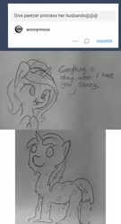 Size: 1280x2375 | Tagged: safe, artist:tjpones, derpibooru import, princess cadance, shining armor, alicorn, food pony, original species, pizza pony, pony, unicorn, ask, comic, dialogue, food, grayscale, lineart, monochrome, peetzer, pizza, traditional art, tumblr