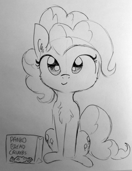 Size: 1065x1385 | Tagged: safe, artist:tjpones, derpibooru import, pinkie pie, earth pony, pony, black and white, bread crumbs, chest fluff, grayscale, happy, lineart, looking at you, monochrome, panko, photo, ponk, sitting, solo, traditional art