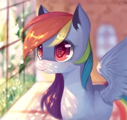 Size: 1685x1600 | Tagged: safe, artist:gianghanz, derpibooru import, rainbow dash, pegasus, pony, bust, colored pupils, cute, dashabetes, ear fluff, eye reflection, flower, grass, looking at something, portrait, reflection, signature, smiling, solo, spread wings, sunlight, window