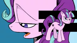 Size: 1280x720 | Tagged: safe, artist:andypriceart, artist:leone di cielo, derpibooru import, idw, starlight glimmer, pony, angry, comic, equal cutie mark, evil, glare, simple background, solo