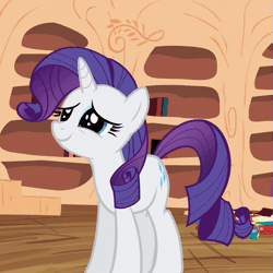 Size: 517x518 | Tagged: safe, derpibooru import, screencap, rarity, spike, dragon, pony, unicorn, secret of my excess, animated, blinking, book, cropped, cute, expressions, female, fire ruby, floppy ears, frown, gif, gritted teeth, happy, looking back, mare, open mouth, raised hoof, rarara, raribetes, scrunchy face, solo focus