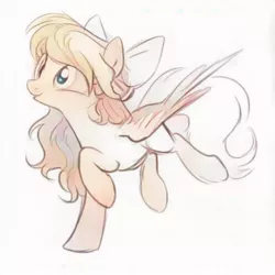 Size: 512x512 | Tagged: safe, artist:imalou, derpibooru import, angel wings, pegasus, pony, top bolt, bow, bucking, colored, cute, hair bow, legs in air, paintschainer, raised hoof, simple background, sketch, solo, spread wings, white background