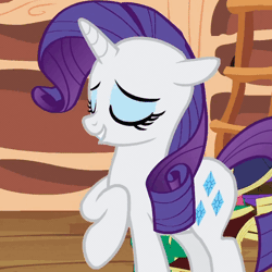 Size: 500x500 | Tagged: safe, derpibooru import, screencap, rarity, pony, unicorn, secret of my excess, animated, blinking, book, cropped, female, floppy ears, gif, gritted teeth, happy, mare, raised hoof, solo
