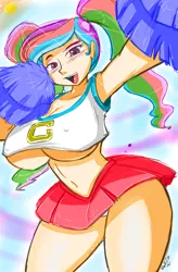 Size: 1169x1781 | Tagged: suggestive, artist:cabrony, artist:shonuff44, color edit, derpibooru import, edit, princess celestia, equestria girls, adorasexy, belly button, big breasts, bimbo, breasts, busty princess celestia, cheerleader, cleavage, clothes, colored, commission, cute, female, huge breasts, midriff, miniskirt, panties, pigtails, pleated skirt, pom pom, principal celestia, sexy, skirt, skirt lift, solo, solo female, thighs, twintails, underboob, underwear, upskirt, white underwear