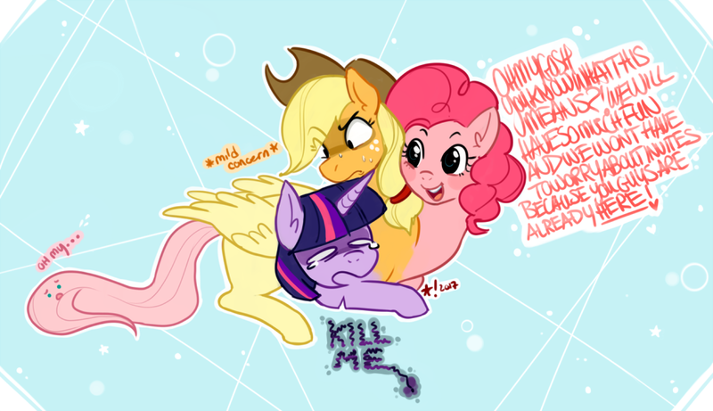 Size: 1000x576 | Tagged: safe, artist:stardrawsponies, derpibooru import, applejack, fluttershy, pinkie pie, twilight sparkle, chimera, pony, abomination, body horror, conjoined, fusion, kill me, oh my, simple background, text, together forever, wat, we have become one, what has magic done