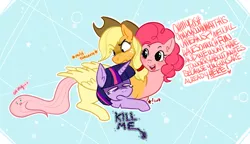 Size: 1000x576 | Tagged: safe, artist:stardrawsponies, derpibooru import, applejack, fluttershy, pinkie pie, twilight sparkle, chimera, pony, abomination, body horror, conjoined, fusion, kill me, oh my, simple background, text, together forever, wat, we have become one, what has magic done