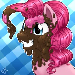 Size: 600x600 | Tagged: safe, artist:nothingspecialx9, derpibooru import, pinkie pie, pony, bust, chocolate, food, misleading thumbnail, not scat, portrait, smiling, solo