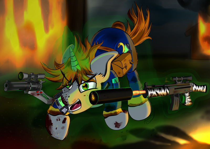 Size: 4200x3000 | Tagged: safe, artist:raptorpwn3, derpibooru import, oc, oc:littlepip, unofficial characters only, pony, unicorn, fallout equestria, fanfic, absurd resolution, clothes, fanfic art, female, fire, glowing horn, gun, handgun, hooves, horn, levitation, little macintosh, magic, mare, open mouth, optical sight, pipbuck, rage, revolver, solo, teeth, telekinesis, vault suit, weapon, zebra rifle