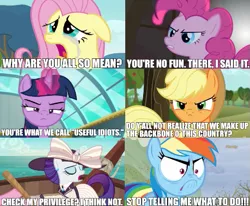 Size: 501x413 | Tagged: safe, derpibooru import, edit, edited screencap, screencap, applejack, fluttershy, pinkie pie, rainbow dash, rarity, twilight sparkle, twilight sparkle (alicorn), alicorn, pony, hurricane fluttershy, no second prances, party of one, ppov, tanks for the memories, top bolt, anti-sjw, caption, image macro, impact font, mane six, meme, op started shit, politics, red pill, social justice warrior, text