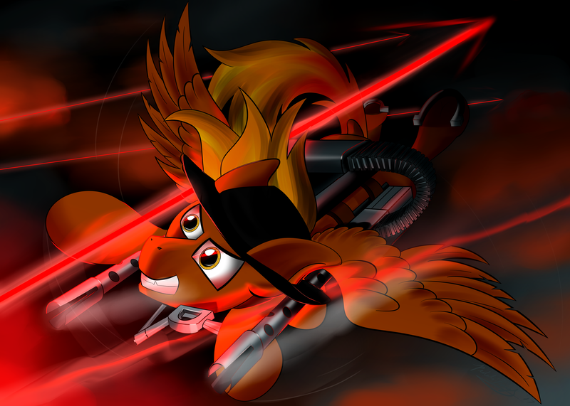 Size: 4200x3000 | Tagged: safe, artist:raptorpwn3, derpibooru import, oc, oc:calamity, unofficial characters only, pegasus, pony, fallout equestria, fanfic, absurd resolution, battle saddle, dashite, dodge, fanfic art, fire, flying, gau-16, gun, hat, hooves, laser, male, night, rage, rifle, solo, spread wings, stallion, teeth, weapon, wings