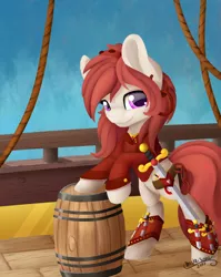 Size: 1280x1608 | Tagged: safe, artist:miraisora, derpibooru import, oc, oc:rosa lanzar, unofficial characters only, pony, barrel, dagger, ear piercing, knife, leaning, piercing, pirate, pirate ship, smiling, solo, sword, weapon