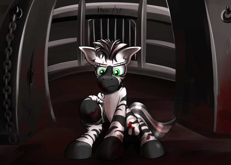 Size: 4200x3000 | Tagged: absurd resolution, arena, artist:raptorpwn3, blood, derpibooru import, fallout equestria, fanfic, fanfic art, female, mare, oc, oc:xenith, safe, solo, thepit, unofficial characters only, zebra