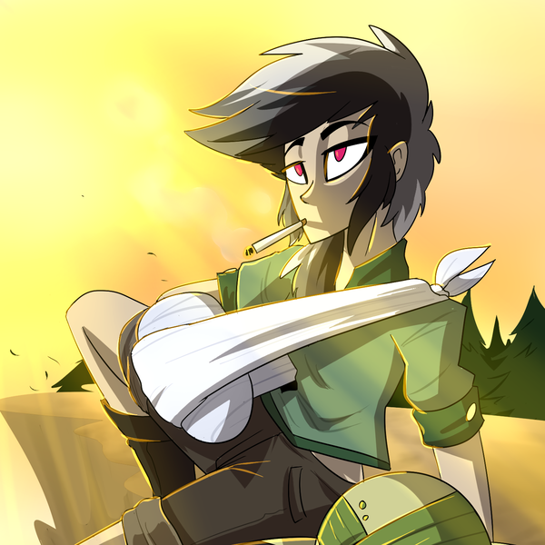 Size: 1440x1440 | Tagged: artist:imskull, cast, cigarette, daring do, derpibooru import, hat, human, humanized, pith helmet, safe, sling, solo, sunset