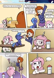 Size: 1280x1853 | Tagged: safe, artist:shieltar, derpibooru import, princess celestia, princess luna, oc, oc:grace harmony, pony, comic:birth of equestria, ..., baby bottle, behaving like a cat, cewestia, clothes, comic, cute, filly, pink-mane celestia, question mark, sibling rivalry, skirt, sweater, winged human, woona, younger