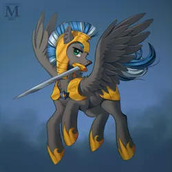 Size: 1000x1000 | Tagged: safe, artist:margony, derpibooru import, oc, oc:cloud zapper, unofficial characters only, pegasus, pony, armor, commission, flying, helmet, male, mouth hold, royal guard, signature, solo, stallion, sword, weapon