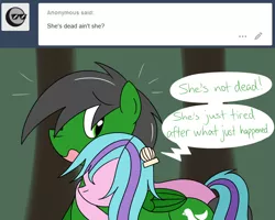 Size: 1280x1023 | Tagged: safe, artist:hummingway, derpibooru import, oc, oc:feather hummingway, oc:swirly shells, unofficial characters only, pony, ask-humming-way, dialogue, forest, tumblr, tumblr comic