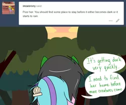 Size: 1280x1072 | Tagged: safe, artist:hummingway, derpibooru import, oc, oc:feather hummingway, oc:swirly shells, unofficial characters only, pony, ask-humming-way, dialogue, forest, tumblr, tumblr comic