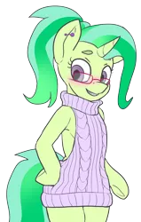 Size: 2063x3243 | Tagged: safe, artist:neoncel, derpibooru import, oc, oc:paige turner, unofficial characters only, pony, semi-anthro, unicorn, backless, base used, blushing, braces, clothes, ear piercing, eyebrows, female, glasses, mare, open-back sweater, piercing, simple background, sleeveless sweater, smiling, solo, sweater, transparent background, virgin killer sweater
