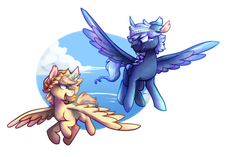 Size: 1024x707 | Tagged: safe, artist:crownedspade, derpibooru import, oc, unofficial characters only, alicorn, pony, alicorn oc, crown, flying, jewelry, laurel wreath, male, regalia, spread wings, stallion