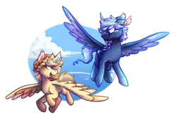 Size: 1024x707 | Tagged: safe, artist:crownedspade, derpibooru import, oc, unofficial characters only, alicorn, pony, alicorn oc, crown, flying, jewelry, laurel wreath, male, regalia, spread wings, stallion