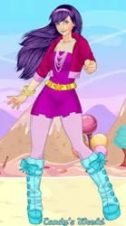 Size: 306x552 | Tagged: artist:unicornsmile, boots, bracelet, candy, clothes, cotton candy, derpibooru import, fist, high heel boots, human, humanized, jewelry, lollipop, necklace, rockstar, safe, solo, twilight sparkle