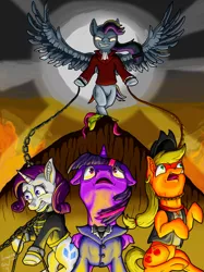 Size: 1645x2195 | Tagged: semi-grimdark, artist:armorwing, derpibooru import, applejack, rainbow dash, rarity, twilight sparkle, twilight sparkle (alicorn), alicorn, earth pony, pony, unicorn, the count of monte rainbow, chains, choking, clothes, crossover, danglajacks, fire, hanging, hanging (by neck), hell to your doorstep, monsparkle, rainbow dantes, rarifort, ropes, the count of monte cristo, this will end in tears and/or death