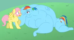 Size: 1800x997 | Tagged: suggestive, artist:urkel, derpibooru import, fluttershy, rainbow dash, pegasus, pony, blushing, butterdash, butterscotch, female, fetish, half r63 shipping, male, mare, muscle fetish, muscles, overdeveloped muscles, rainbuff dash, rule 63, shipping, spread wings, stallion, straight, wingboner