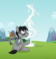 Size: 2251x2354 | Tagged: safe, artist:sandwich-anomaly, derpibooru import, discord, oc, oc:crossfire, earth pony, pony, gadget, grass field, looking back, male, mountain, robotic arm, sewing needle, sitting, solo, stallion, statue, yarn