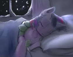 Size: 1280x989 | Tagged: safe, artist:silfoe, derpibooru import, spike, twilight sparkle, twilight sparkle (alicorn), alicorn, dragon, pony, royal sketchbook, baby, baby dragon, bed, blanket, crescent moon, cuddling, curtains, cute, eyes closed, female, male, mama twilight, mare, moon, night, night sky, pillow, silfoe is trying to murder us, sky, sleeping, snow, snuggling, spikabetes, spikelove, twiabetes, window