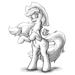 Size: 1000x1000 | Tagged: safe, artist:blue-paint-sea, derpibooru import, applejack, pony, bipedal, chest fluff, cowboy hat, hat, looking at you, monochrome, open mouth, rearing, simple background, sketch, smiling, solo, stetson, white background