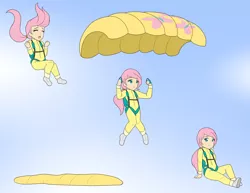 Size: 1280x988 | Tagged: air ponyville, artist:jonfawkes, clothes, commission, cute, derpibooru import, falling, fluttershy, human, humanized, jumpsuit, parachute, ponytail, safe, scared, sequence, shyabetes, sitting, skydiving, solo, sprite sheet