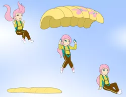 Size: 1280x988 | Tagged: air ponyville, artist:jonfawkes, clothes, commission, cute, derpibooru import, falling, fluttershy, human, humanized, long sleeves, long sleeve shirt, pants, parachute, ponytail, safe, scared, sequence, shyabetes, sitting, skydiving, solo, sprite sheet