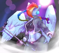 Size: 2200x2009 | Tagged: alternate hairstyle, alternate timeline, anthro, artist:madacon, badass, belly button, braided ponytail, breasts, bubblegum, clothes, crowd, crystal war timeline, derpibooru import, ear piercing, female, female focus, fingerless gloves, food, gloves, gum, large wings, microphone, one eye closed, pants, piercing, punk, rainbow dash, ripped pants, solo focus, suggestive, wings