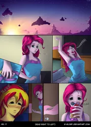 Size: 800x1120 | Tagged: safe, artist:g-glory, derpibooru import, pinkie pie, sunset shimmer, comic:up late, equestria girls, rainbow rocks, alternate costumes, armpits, blushing, clothes, cloud, comic, cute, implied sunsetsparkle, implied twilight sparkle, manga, mobile phone, morning, morning ponies, pajamas, phone, photo, scene interpretation, shimmerbetes, sleepy, sunrise