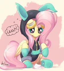Size: 1820x2030 | Tagged: safe, artist:bugplayer, derpibooru import, fluttershy, pegasus, pony, abstract background, bunny ears, clothes, costume, cute, dangerous mission outfit, dropped ice cream, dropping, female, food, goggles, hnnng, hoodie, ice cream, looking down, mare, outfit, shadow, shyabetes, signature, simple background, sitting, solo, this will end in tears, thought bubble, underhoof, wah, wing fluff