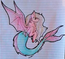 Size: 1024x926 | Tagged: safe, artist:anxiouslilnerd, derpibooru import, oc, oc:oceania coral, unofficial characters only, fish, mermaid, merpony, pegasus, pony, bat pony eyes, dragon eyes, fins, gills, lined paper, looseleaf, merpegasus, scales, solo, traditional art, wings