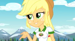 Size: 1086x602 | Tagged: suggestive, derpibooru import, edit, edited screencap, editor:glimmer :v, screencap, applejack, equestria girls, legend of everfree, breast edit, breasts, camp everfree, clothes, female, smiling, solo, solo female