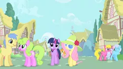 Size: 1280x720 | Tagged: safe, derpibooru import, screencap, carrot top, cheerilee, cherry berry, daisy, flower wishes, fluttershy, golden harvest, goldengrape, linky, shoeshine, sir colton vines iii, twilight sparkle, pony, green isn't your color, background pony, disguise, hat, sunglasses