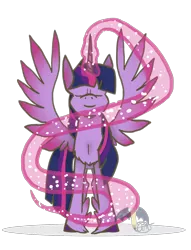 Size: 1318x1724 | Tagged: safe, artist:ashleybances, derpibooru import, twilight sparkle, twilight sparkle (alicorn), alicorn, pony, chest fluff, colored wings, colored wingtips, eyes closed, magic, simple background, solo, spread wings, transparent background, unshorn fetlocks