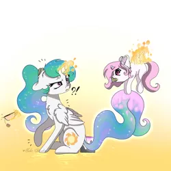 Size: 2500x2500 | Tagged: safe, artist:colorochka, derpibooru import, princess celestia, alicorn, pony, caught, cewestia, chest fluff, confused, cute, ear fluff, exclamation point, filly, floppy ears, fluffy, gradient background, interrobang, levitation, magic, mouth hold, paintbrush, pink-mane celestia, question mark, raised hoof, self ponidox, spread wings, teabag, teacup, telekinesis, younger