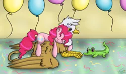 Size: 3000x1775 | Tagged: safe, artist:vigilantefreak, derpibooru import, gilda, gummy, pinkie pie, gryphon, female, gildapie, lesbian, shipping