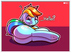 Size: 2732x2048 | Tagged: suggestive, artist:humble_ingrate, derpibooru import, rainbow dash, pony, cutie mark, dock, female, grin, hooves, looking at you, looking back, looking back at you, lying down, nervous, plot, rainbutt dash, side, smiling, solo, solo female, underhoof