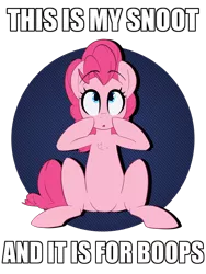 Size: 1024x1365 | Tagged: safe, artist:january3rd, derpibooru import, pinkie pie, earth pony, pony, :o, boop, boop the snoot, bronybait, chest fluff, cute, diapinkes, female, image macro, imminent boop, lewd, looking up, mare, meme, open mouth, pointing, shirt design, simple background, sitting, snoot, solo, transparent background, wide eyes