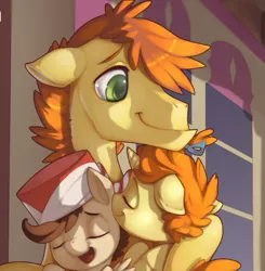 Size: 553x564 | Tagged: safe, artist:xennos, derpibooru import, edit, carrot cake, pound cake, pumpkin cake, earth pony, pegasus, pony, unicorn, accesory swap, cake family, cake twins, colored pupils, cropcon, cropped, cuddling, explicit source, hat, snuggling